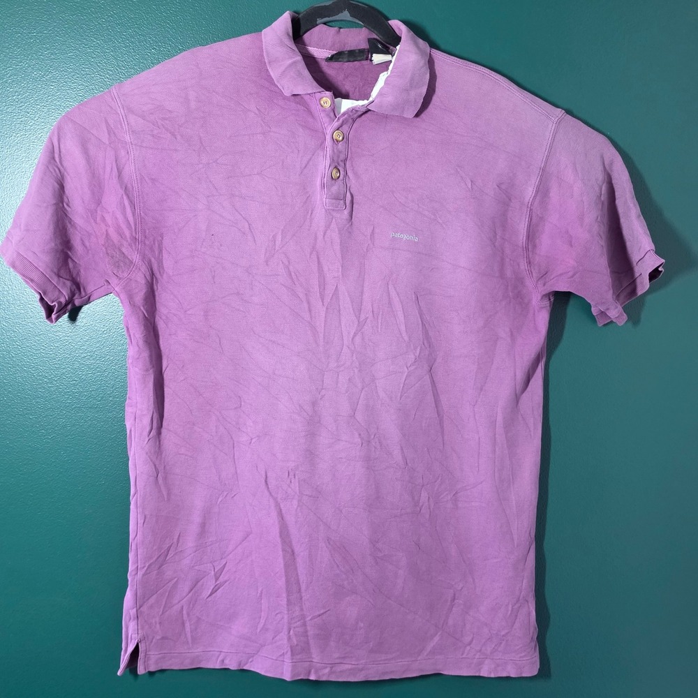 Patagonia Mens M Purple Short Sleeve Pique Polo Shirt Organic Cotton Embroidered